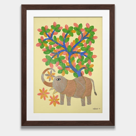 Handpainted Gond Art - Gentle Elephant under Spring Canopy