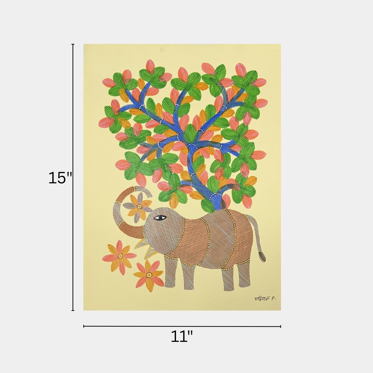 handpainted gond art - gentle elephant under spring canopy
