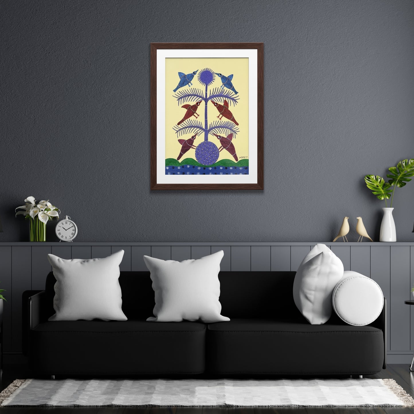original gond tribal painting - tree of life with birds over water