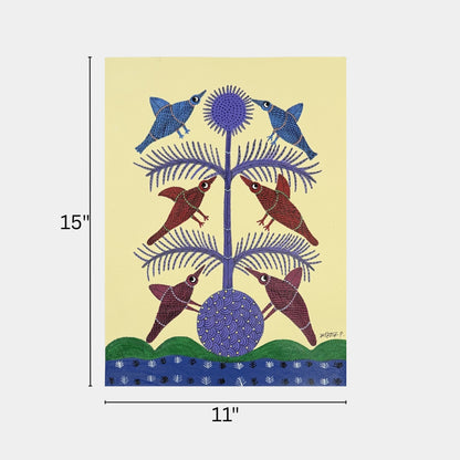 Original Gond Tribal Painting - Tree of Life with Birds over Water