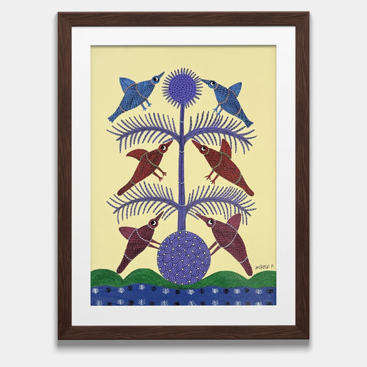 Original Gond Tribal Painting - Tree of Life with Birds over Water