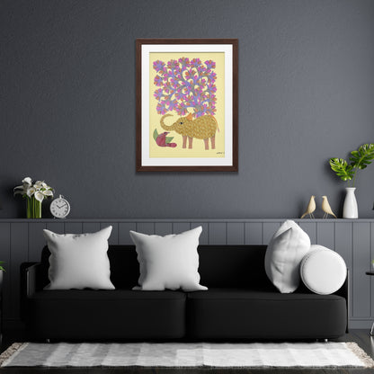 Gond Painting on Paper - Patterned Elephant & Songbird