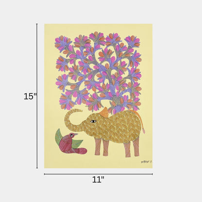 Gond Painting on Paper - Patterned Elephant & Songbird
