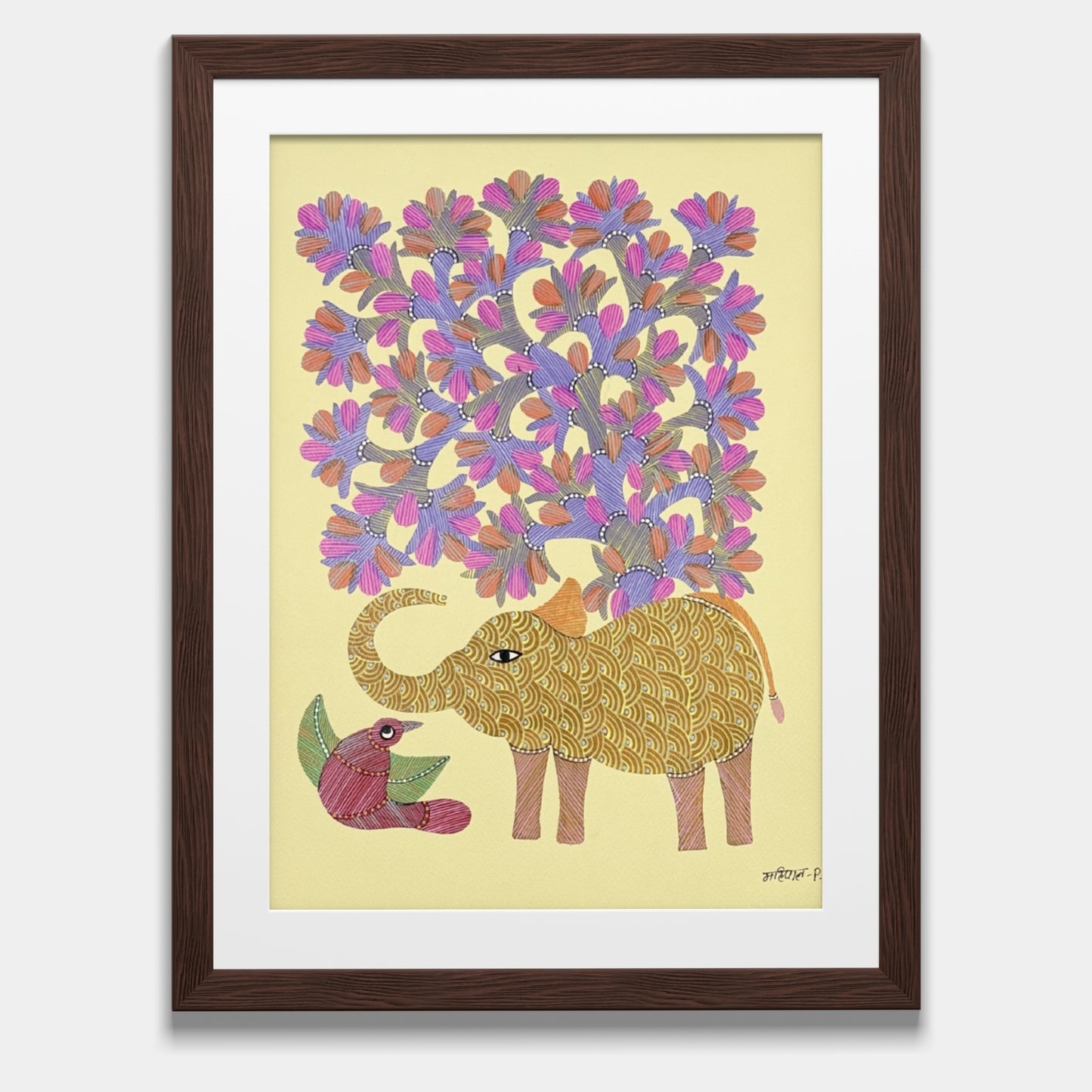 gond painting on paper - patterned elephant & songbird