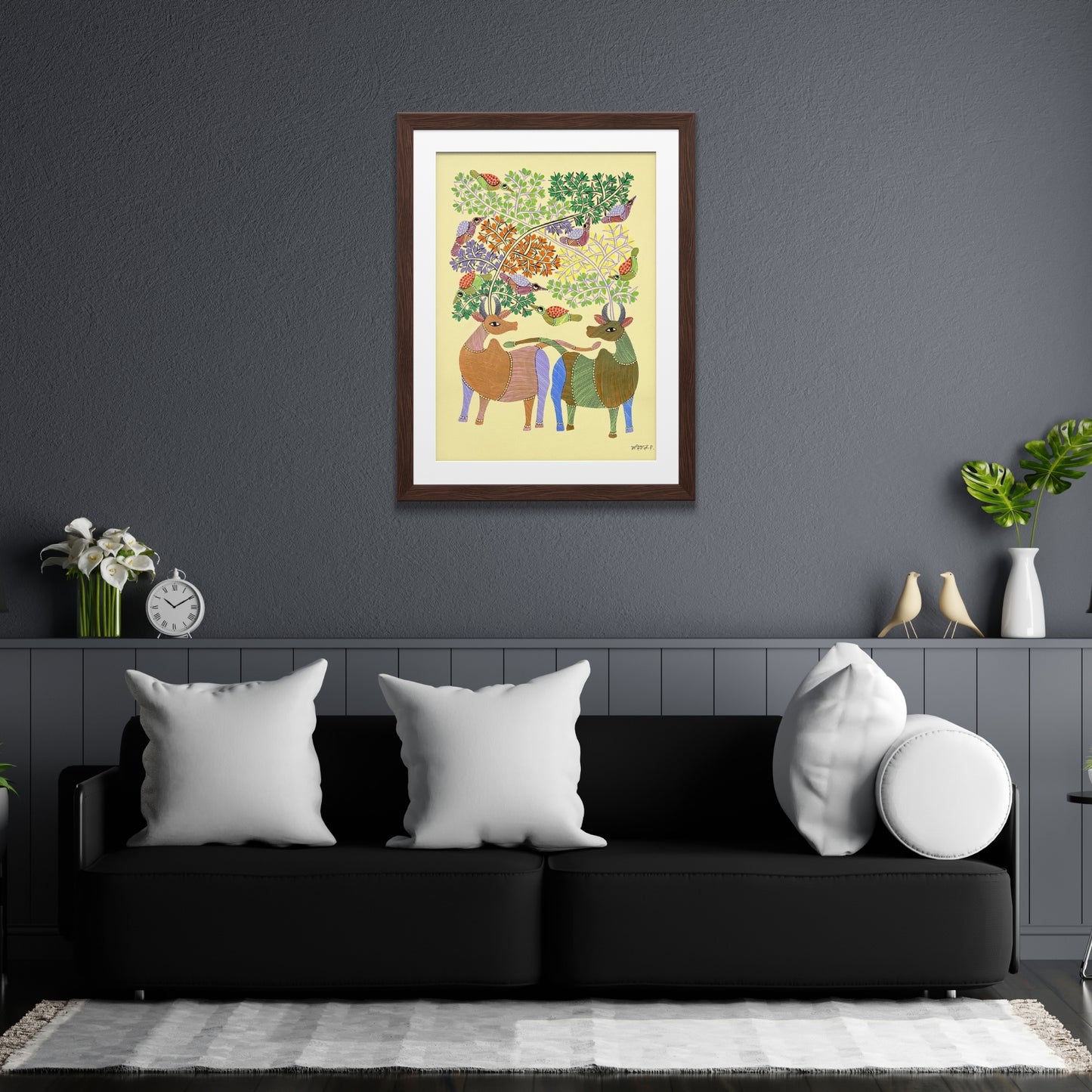 handmade gond folk art - sacred cattle beneath forest canopy