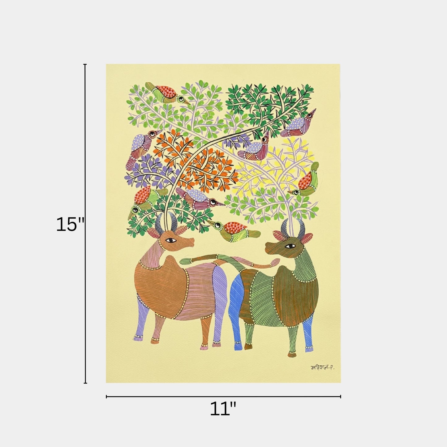 handmade gond folk art - sacred cattle beneath forest canopy