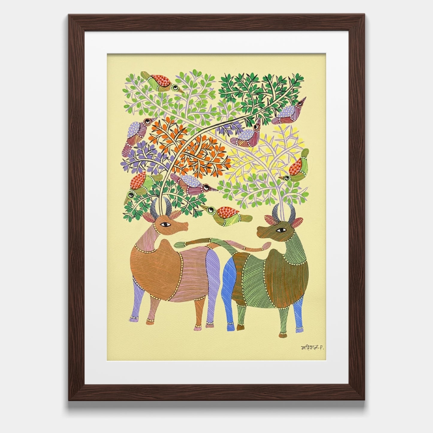 handmade gond folk art - sacred cattle beneath forest canopy