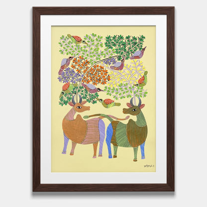 Handmade Gond Folk Art - Sacred Cattle beneath Forest Canopy