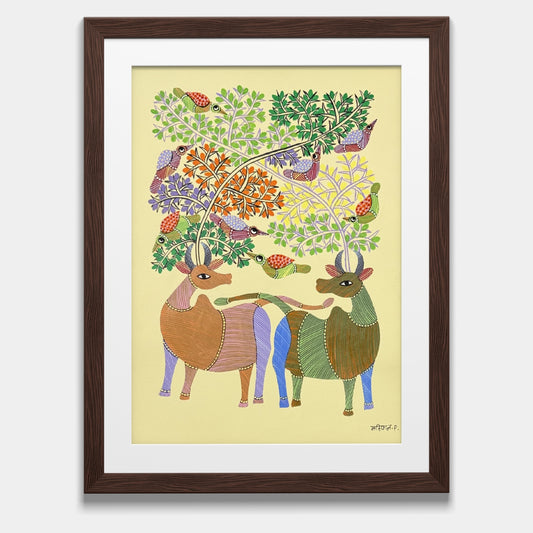 Handmade Gond Folk Art - Sacred Cattle beneath Forest Canopy