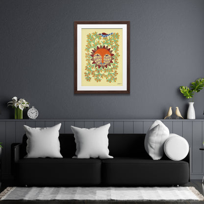 Authentic Gond Painting - Radiant Sun God (Surya Dev) on Paper