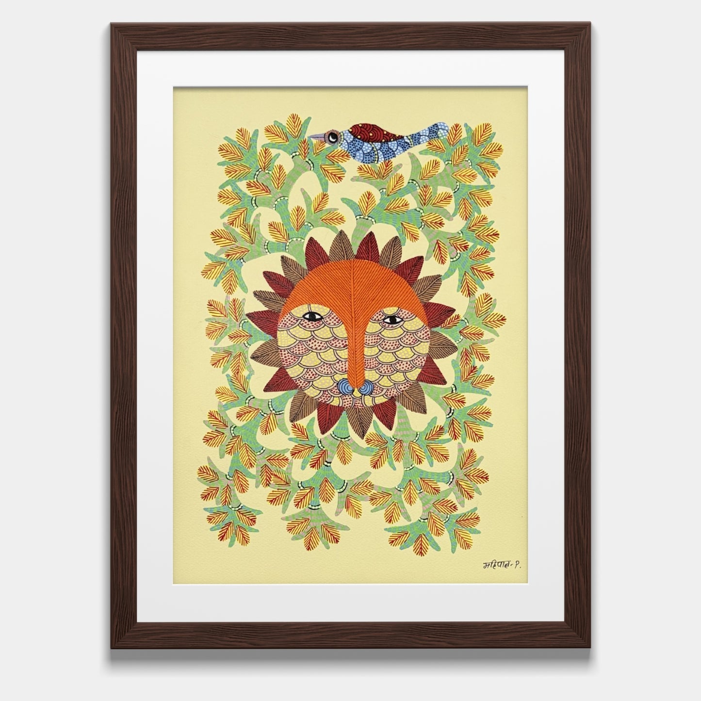 authentic gond painting - radiant sun god (surya dev) on paper
