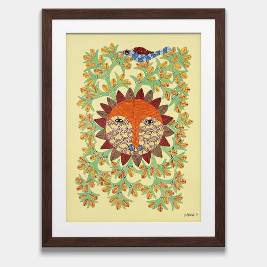 Authentic Gond Painting - Radiant Sun God (Surya Dev) on Paper