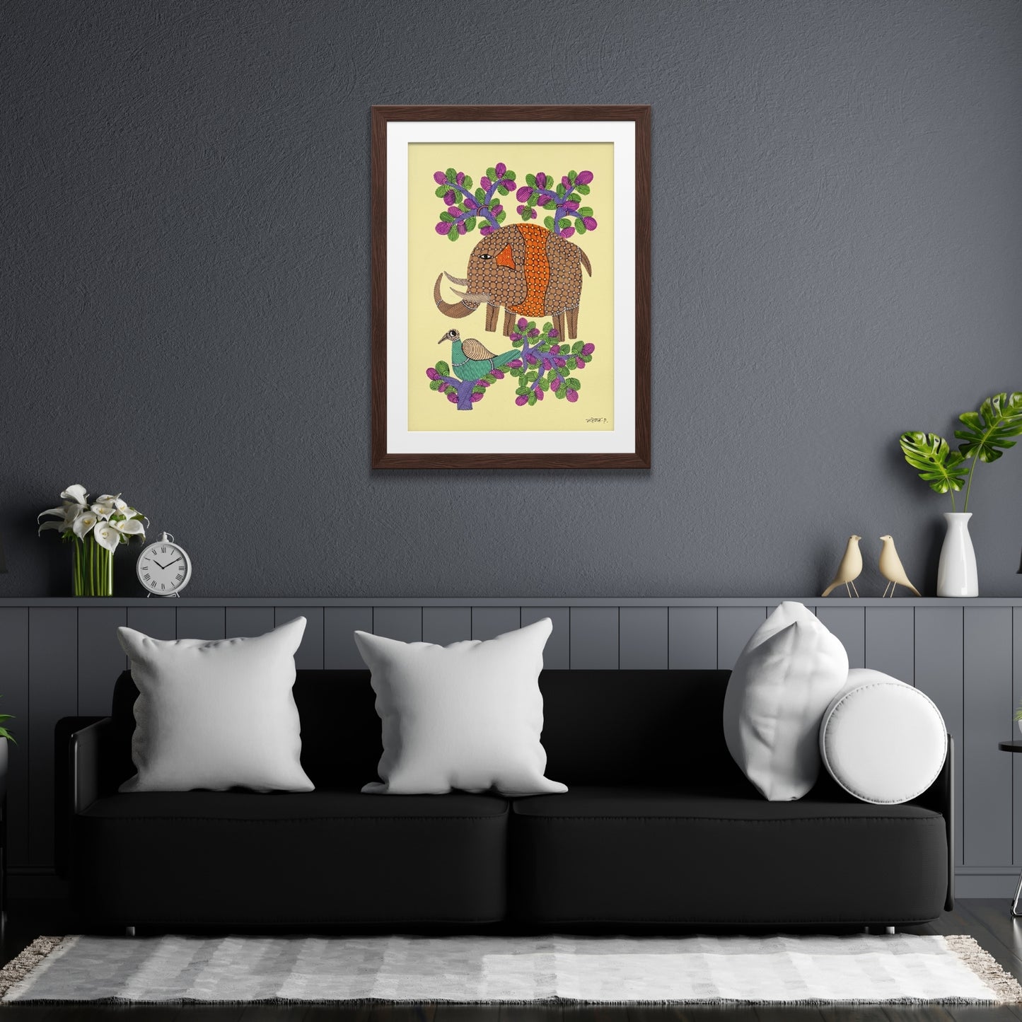 handpainted gond painting - ornate elephant & turquoise bird
