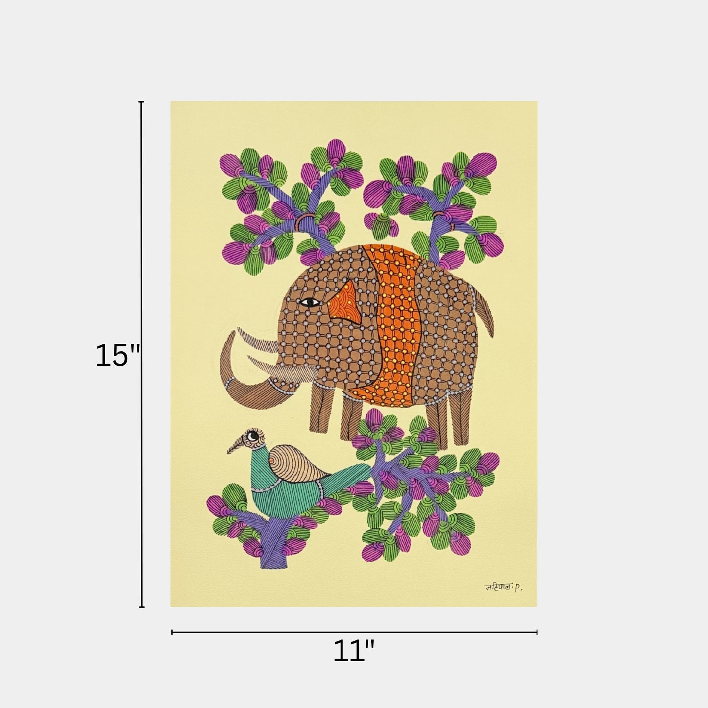 handpainted gond painting - ornate elephant & turquoise bird