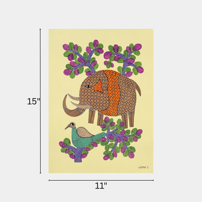 Handpainted Gond Painting - Ornate Elephant & Turquoise Bird