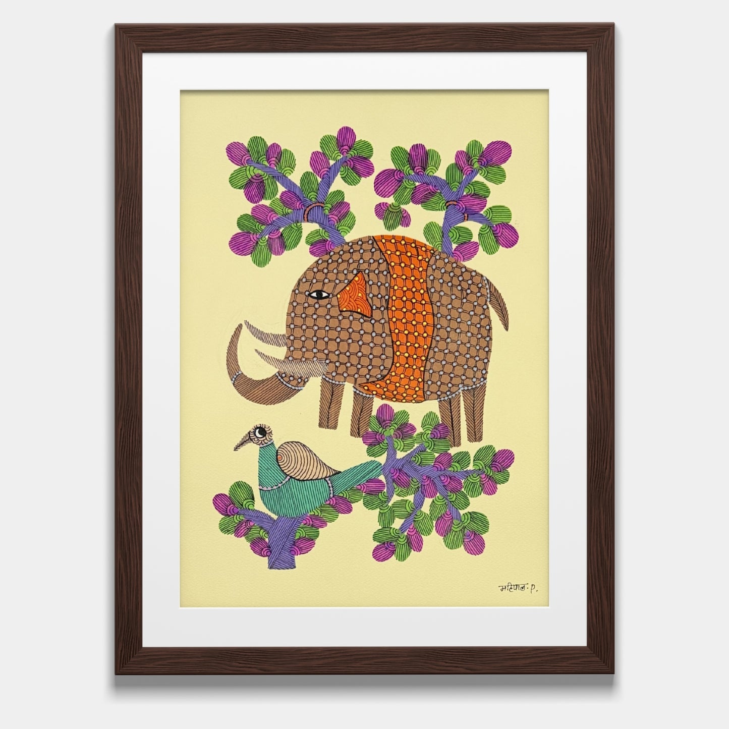 handpainted gond painting - ornate elephant & turquoise bird