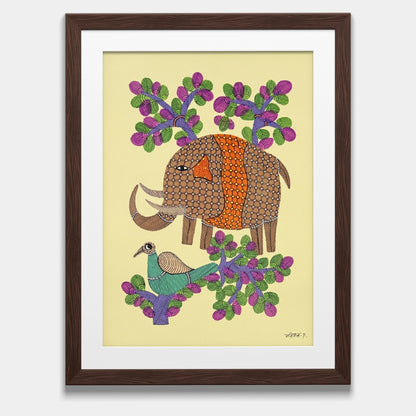 Handpainted Gond Painting - Ornate Elephant & Turquoise Bird