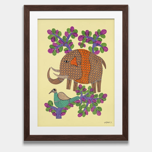Handpainted Gond Painting - Ornate Elephant & Turquoise Bird