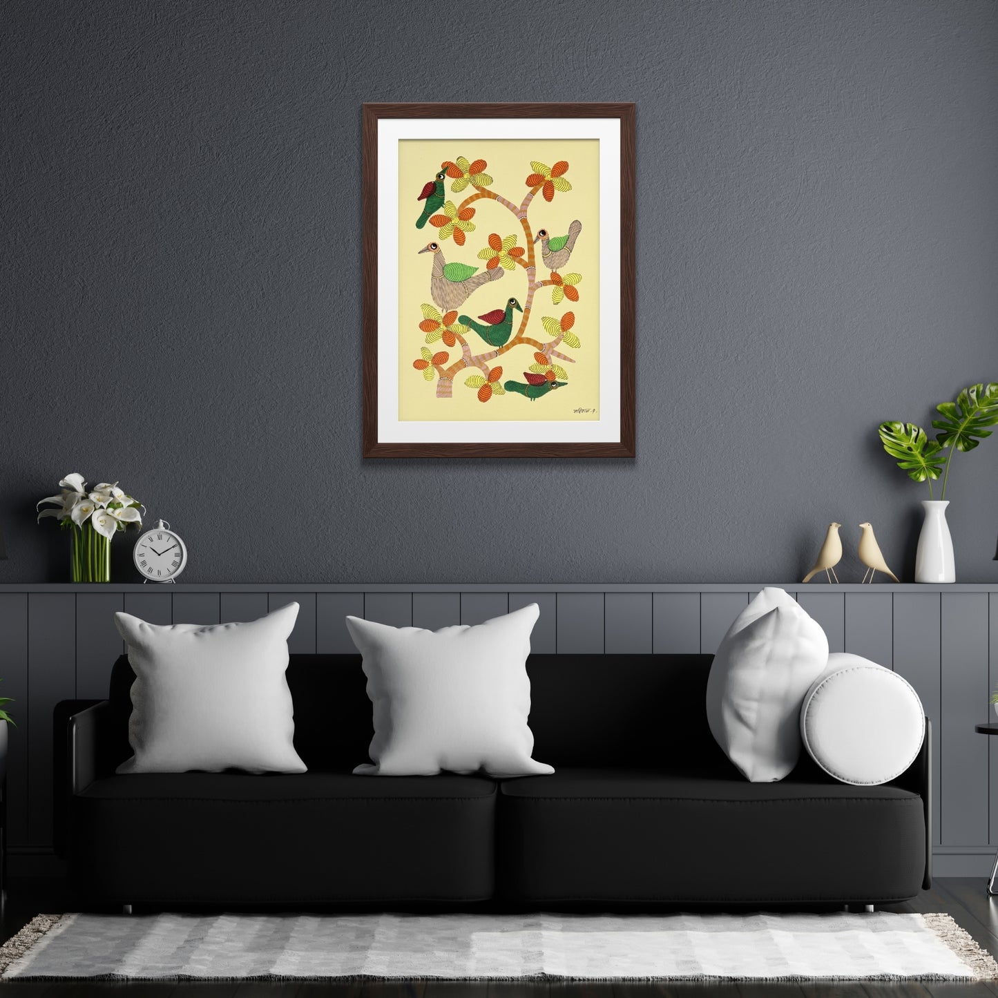 handmade gond folk painting - birds on flowering tree branch
