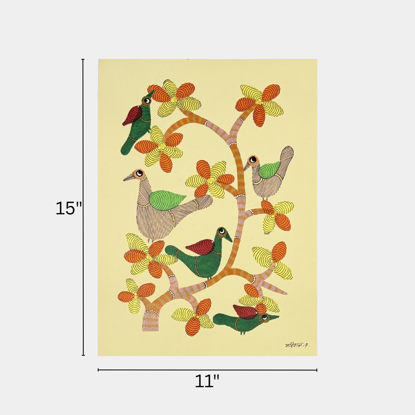 handmade gond folk painting - birds on flowering tree branch