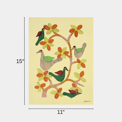 Handmade Gond Folk Painting - Birds on Flowering Tree Branch