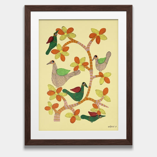 Handmade Gond Folk Painting - Birds on Flowering Tree Branch