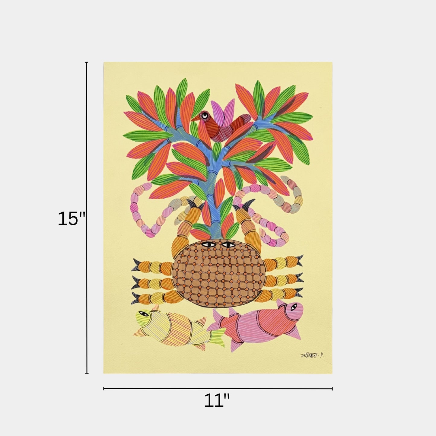 gond tribal art - sacred crab, fishes & tree of life