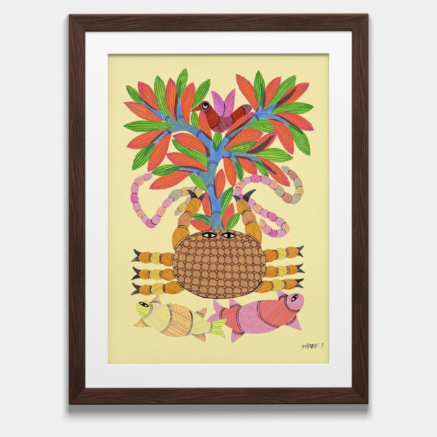 gond tribal art - sacred crab, fishes & tree of life