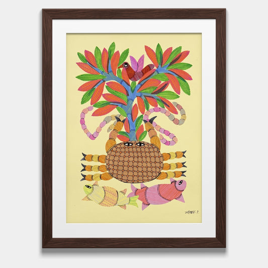 Gond Tribal Art - Sacred Crab, Fishes & Tree of Life