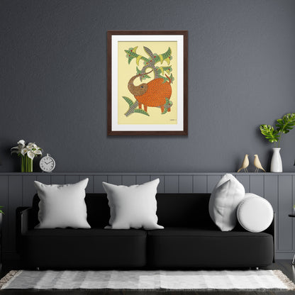 Handmade Gond Tribal Painting - Ornate Elephant under Tree Canopy on Paper