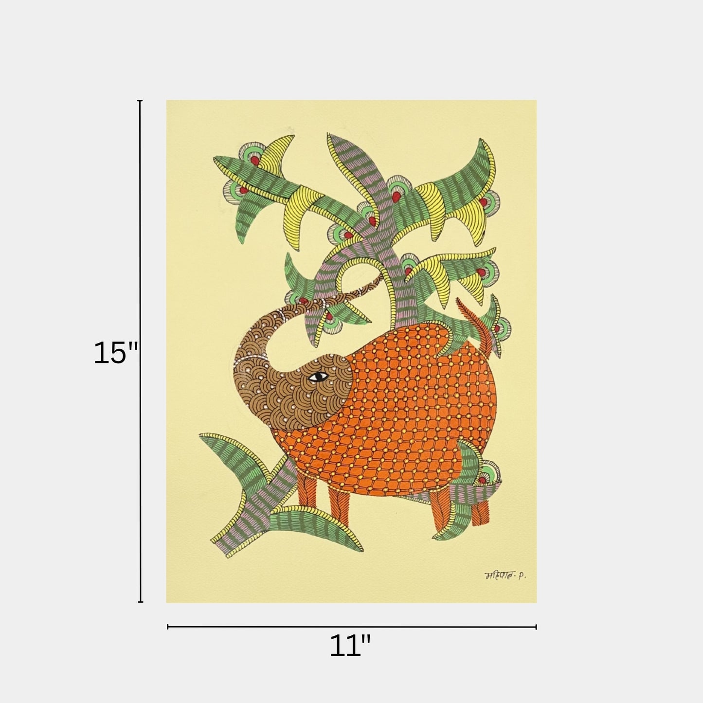 handmade gond tribal painting - ornate elephant under tree canopy on paper