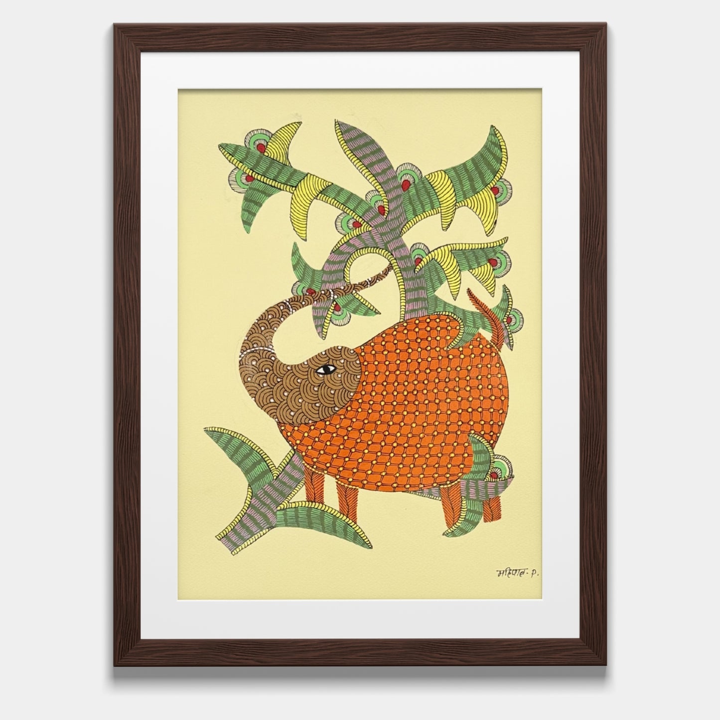 handmade gond tribal painting - ornate elephant under tree canopy on paper