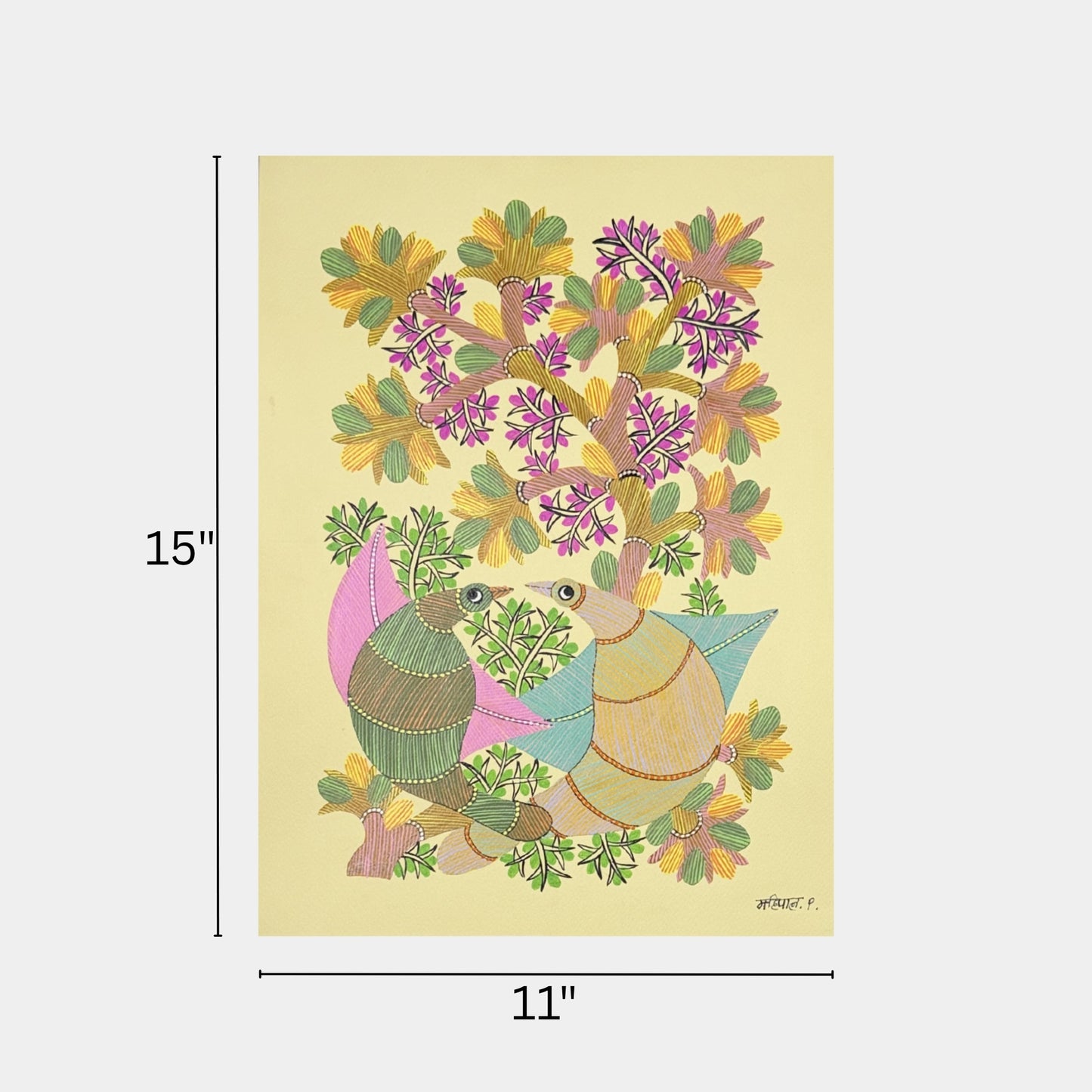 handmade gond folk painting - paired lovebirds under flowering tree on paper