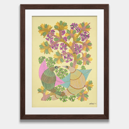 Handmade Gond Folk Painting - Paired Lovebirds under Flowering Tree on Paper