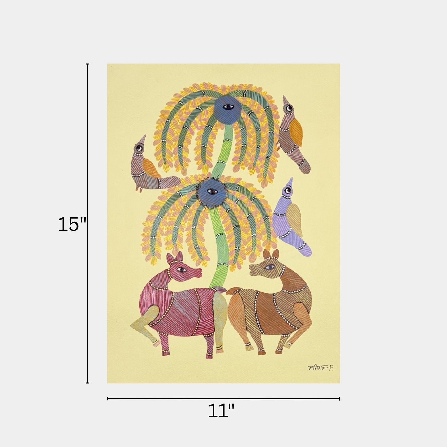 handmade gond folk painting - deer and birds under palm tree on paper