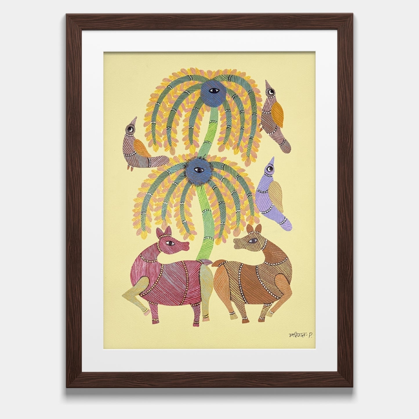 handmade gond folk painting - deer and birds under palm tree on paper