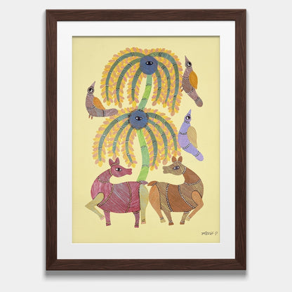 Handmade Gond Folk Painting - Deer and Birds under Palm Tree on Paper