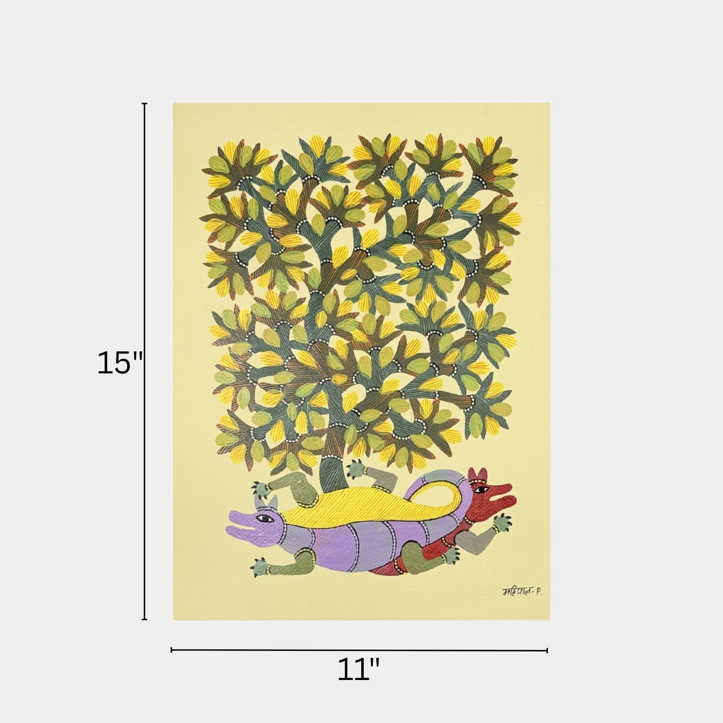 authentic handmade gond painting - tree of life with chameleons on paper
