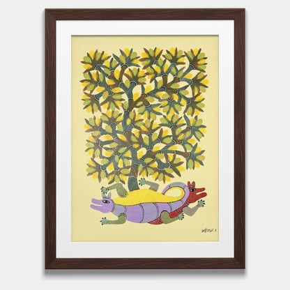 Authentic Handmade Gond Painting - Tree of Life with Chameleons on Paper