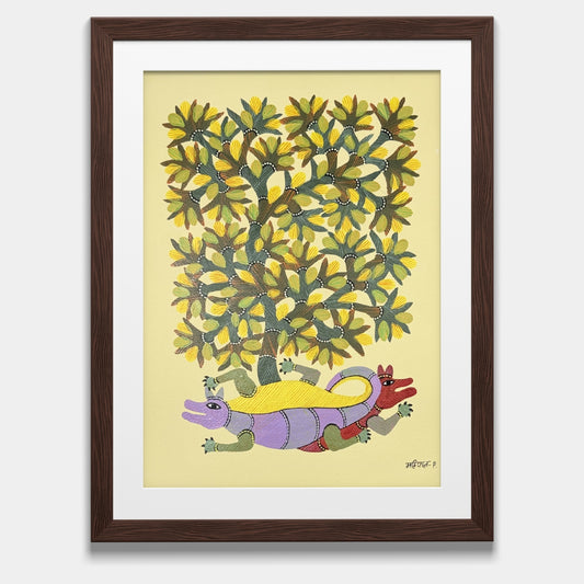 Authentic Handmade Gond Painting - Tree of Life with Chameleons on Paper