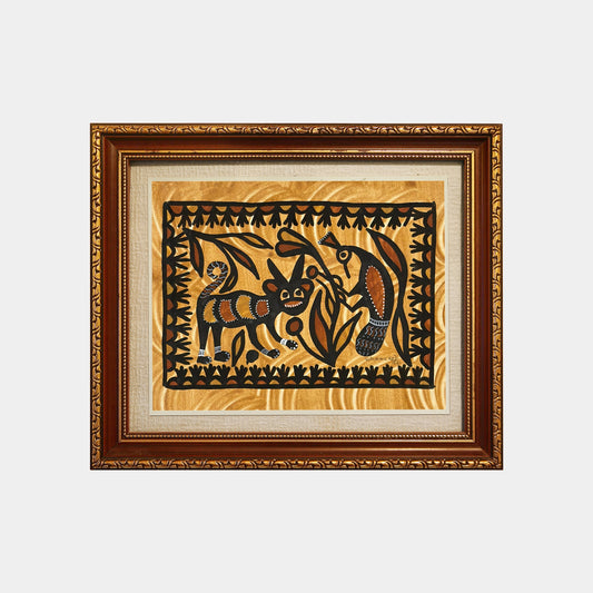 Traditional Sohrai Jungle Cat & Bird Wall Art (Unframed)