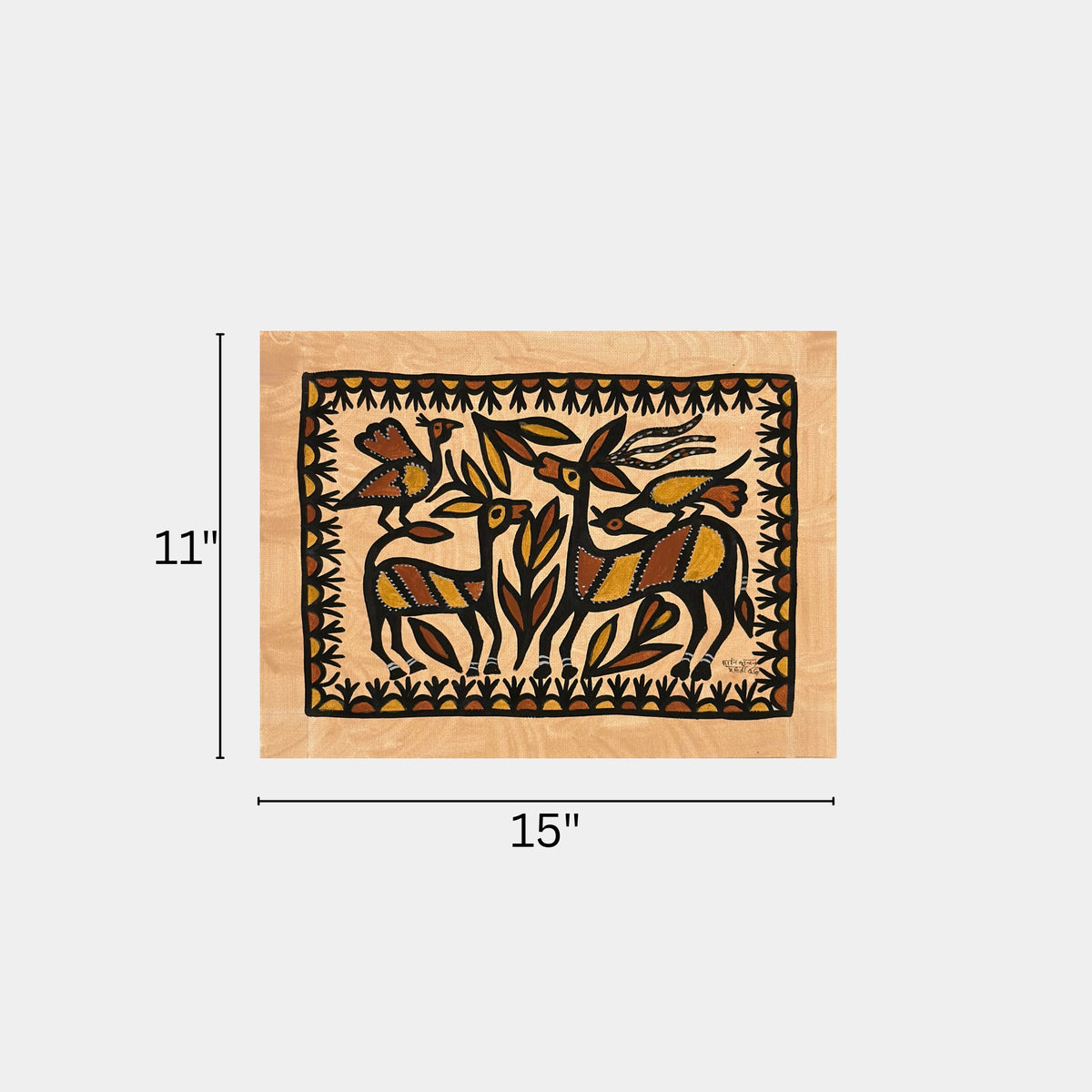 classic sohrai art - twin horned deer and birds (unframed)