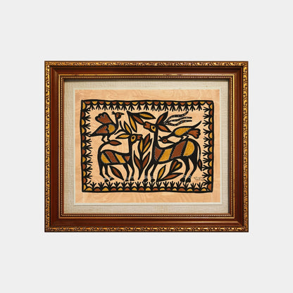 Classic Sohrai Art - Twin Horned Deer and Birds (Unframed)