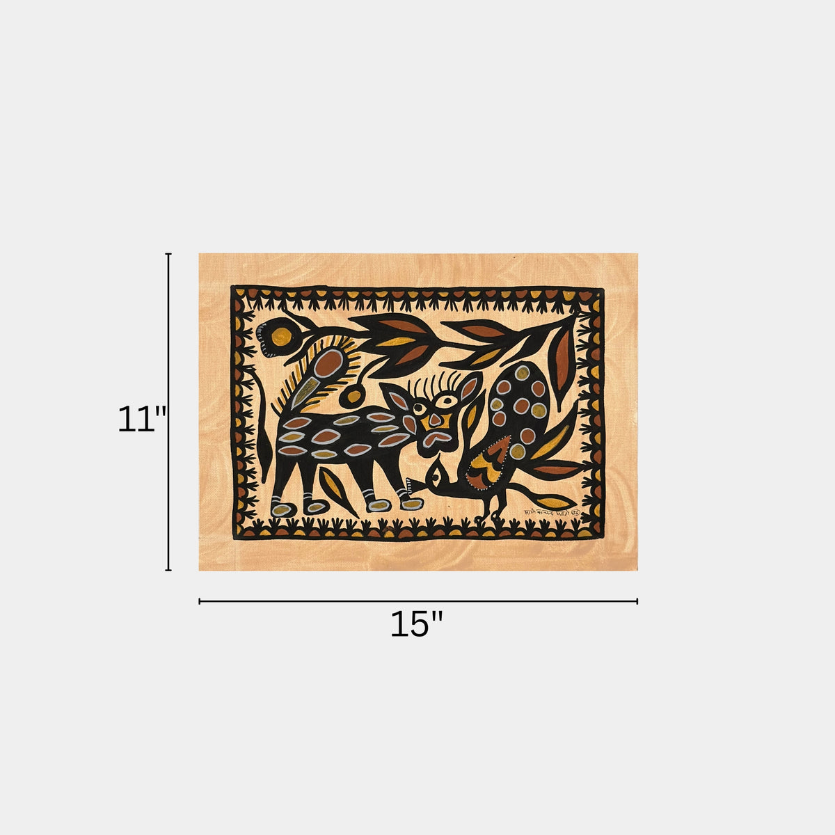 traditional sohrai art - spotted wildcat and peacock (unframed)