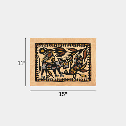 Traditional Sohrai Art - Spotted Wildcat and Peacock (Unframed)