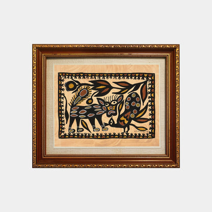 Traditional Sohrai Art - Spotted Wildcat and Peacock (Unframed)