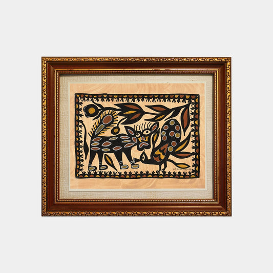 Traditional Sohrai Art - Spotted Wildcat and Peacock (Unframed)