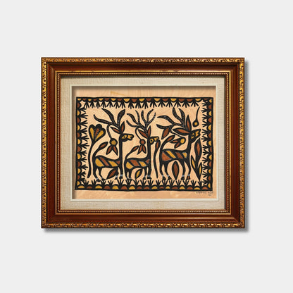 Traditional Sohrai Horned Deer Herd Wall Art (Unframed)