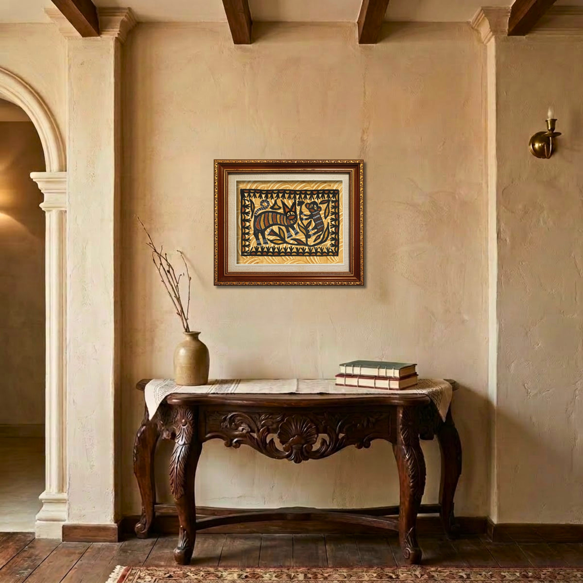 traditional sohrai wild cat & monkey wall art (unframed)
