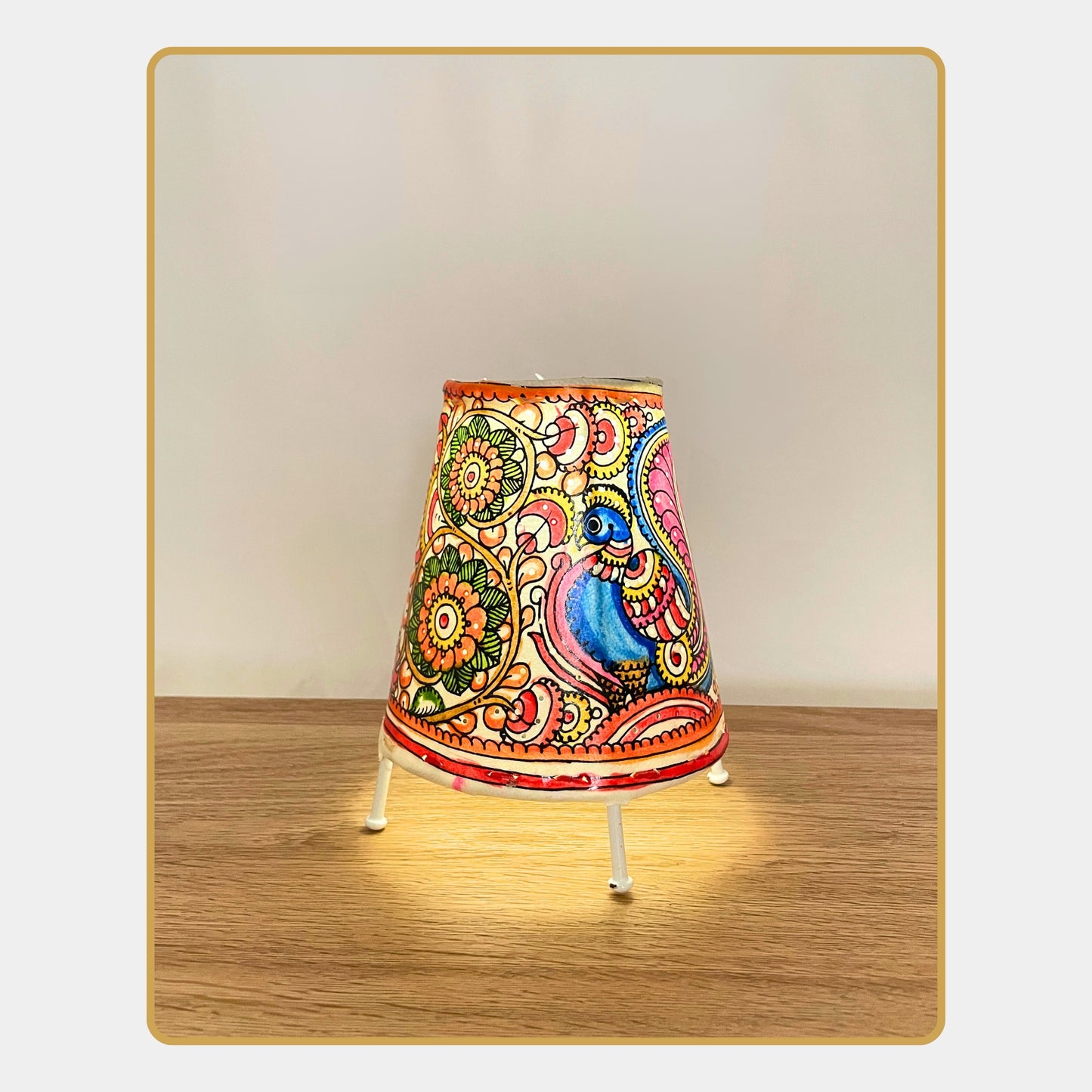 tholu bommalata lamp – peacock & flowers (5" - conical)
